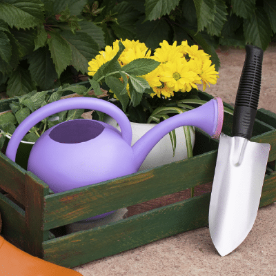 une 23 to 26, Raffle and Garden Walk Registration: Purple watering can, trowel, and yellow flowers in a green wooden crate.